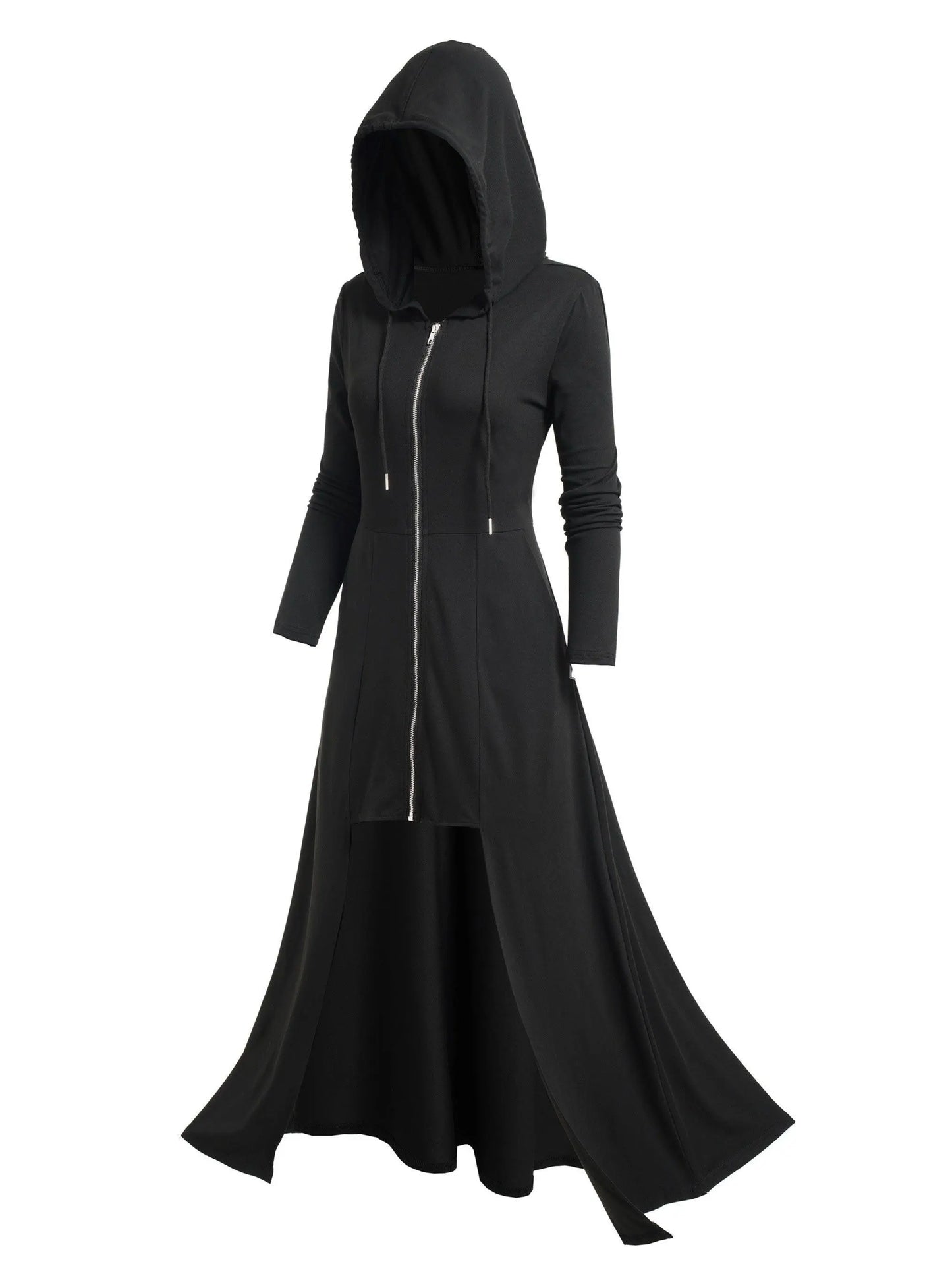 Gothic Style Zip Up Jacket, Casual Long Sleeve Hooded Extra-long Swallowtail Jacket For Holiday & Cosplay, Women's Clothing SS69