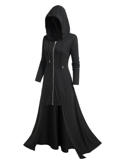 Gothic Style Zip Up Jacket, Casual Long Sleeve Hooded Extra-long Swallowtail Jacket For Holiday & Cosplay, Women's Clothing SS69