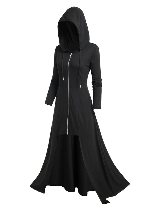 Gothic Style Zip Up Jacket, Casual Long Sleeve Hooded Extra-long Swallowtail Jacket For Holiday & Cosplay, Women's Clothing SS69