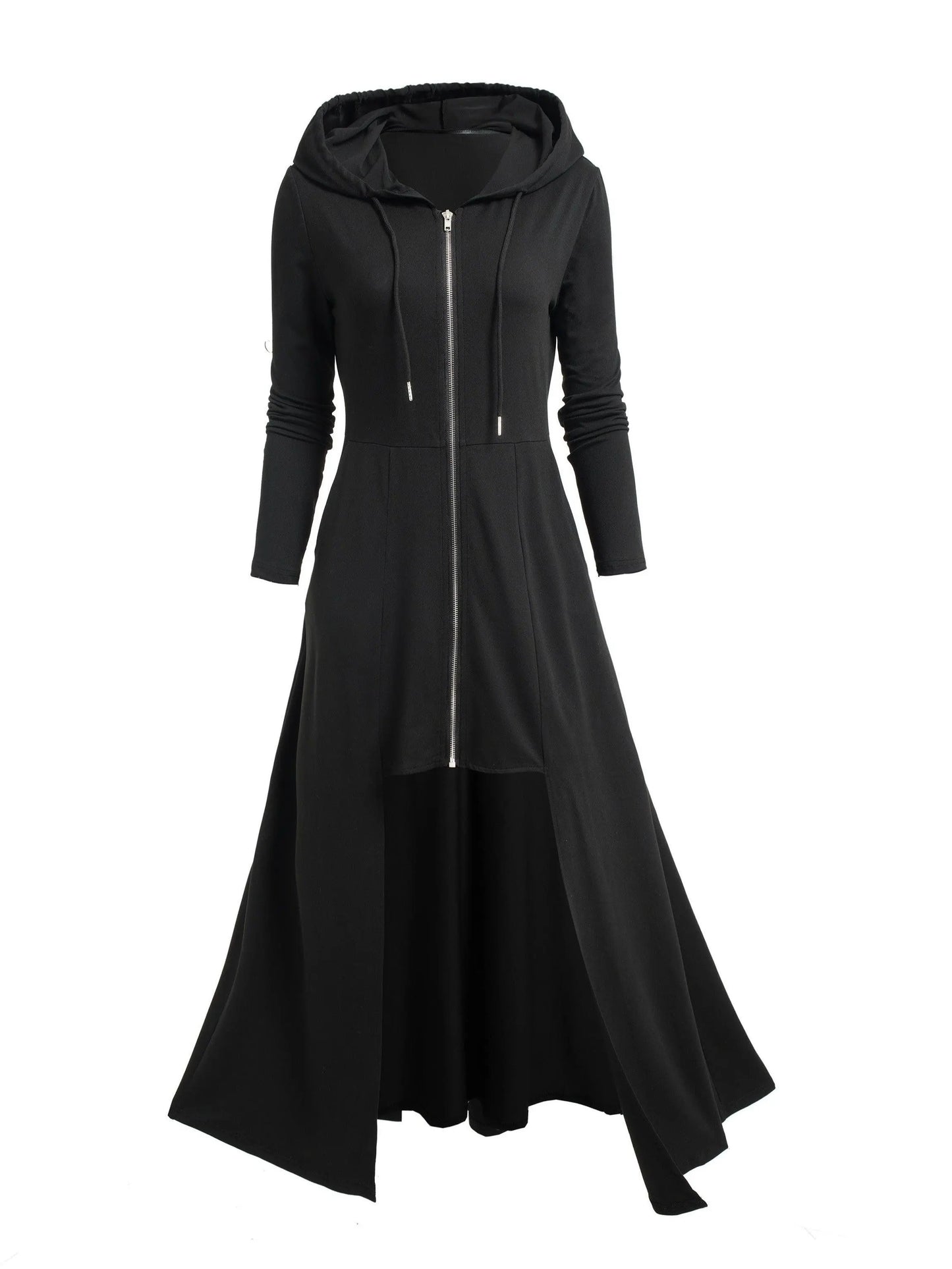 Gothic Style Zip Up Jacket, Casual Long Sleeve Hooded Extra-long Swallowtail Jacket For Holiday & Cosplay, Women's Clothing SS69