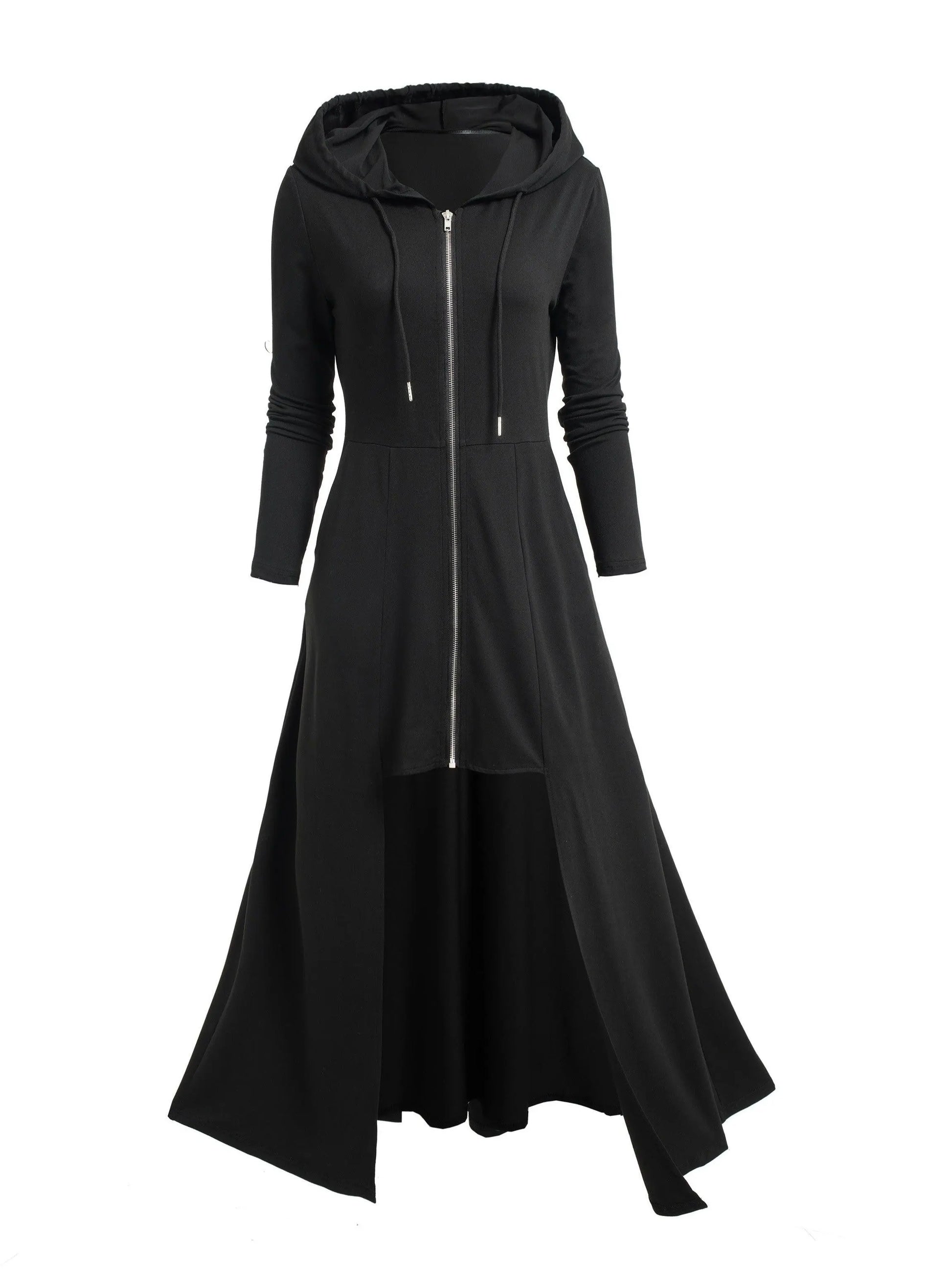 Gothic Style Zip Up Jacket, Casual Long Sleeve Hooded Extra-long Swallowtail Jacket For Holiday & Cosplay, Women's Clothing SS69