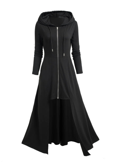 Gothic Style Zip Up Jacket, Casual Long Sleeve Hooded Extra-long Swallowtail Jacket For Holiday & Cosplay, Women's Clothing SS69