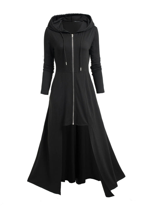 Gothic Style Zip Up Jacket, Casual Long Sleeve Hooded Extra-long Swallowtail Jacket For Holiday & Cosplay, Women's Clothing SS69