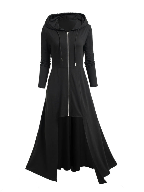 Gothic Style Zip Up Jacket, Casual Long Sleeve Hooded Extra-long Swallowtail Jacket For Holiday & Cosplay, Women's Clothing SS69