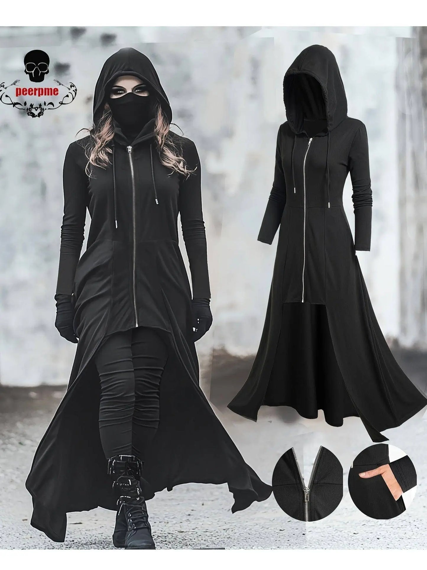 Gothic Style Zip Up Jacket, Casual Long Sleeve Hooded Extra-long Swallowtail Jacket For Holiday & Cosplay, Women's Clothing SS69
