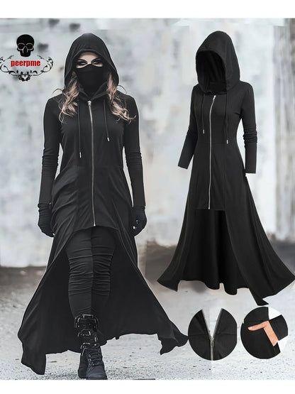 Gothic Style Zip Up Jacket, Casual Long Sleeve Hooded Extra-long Swallowtail Jacket For Holiday & Cosplay, Women's Clothing SS69