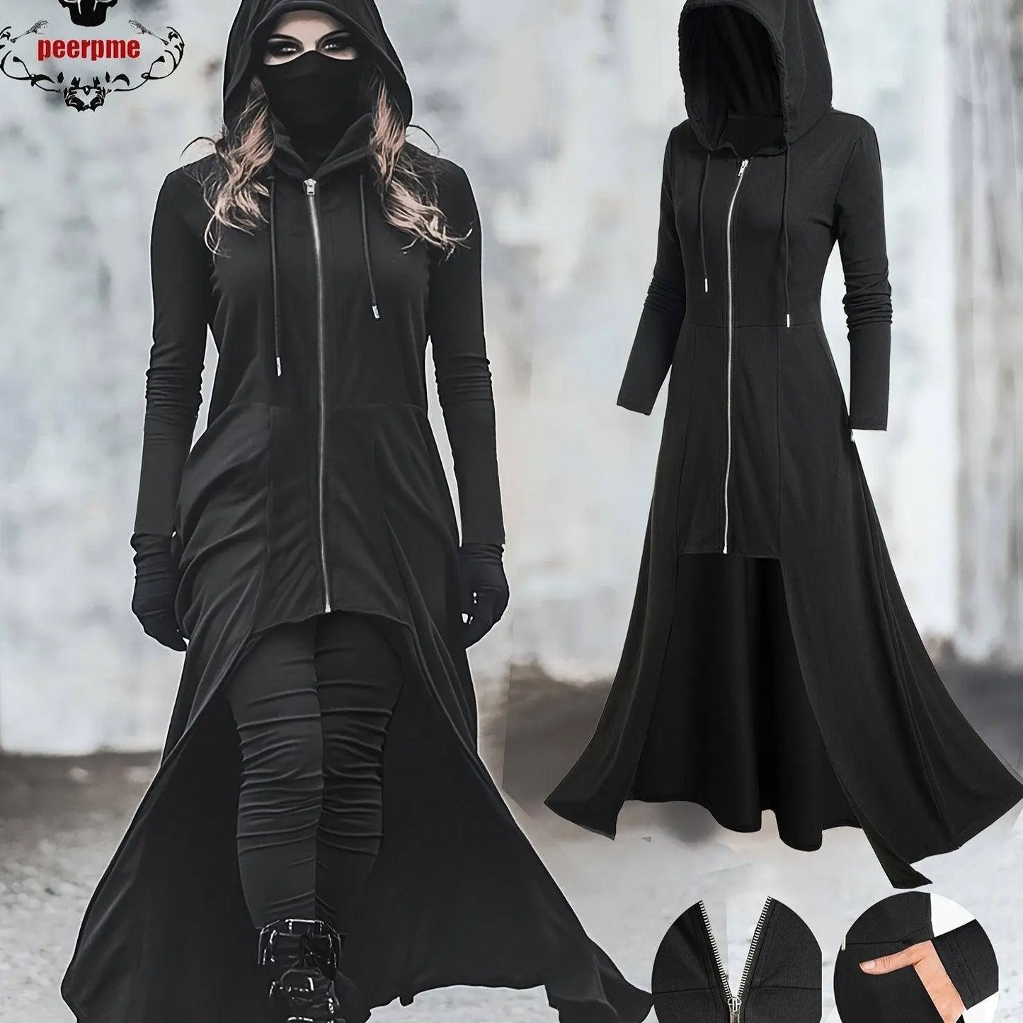 Gothic Style Zip Up Jacket, Casual Long Sleeve Hooded Extra-long Swallowtail Jacket For Holiday & Cosplay, Women's Clothing SS69