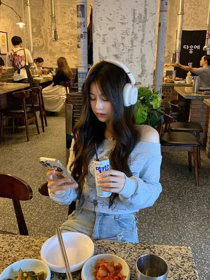 Gray Print T Shirts Women Clothing Long Sleeve Slash Neck Casual Tees Fashion Summer Camisetas Crop Tops Streetwear Sexy Tshirt SS69