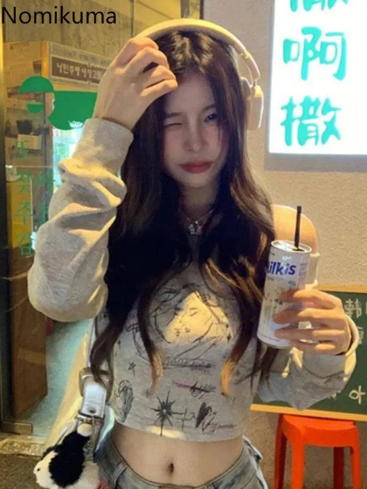 Gray Print T Shirts Women Clothing Long Sleeve Slash Neck Casual Tees Fashion Summer Camisetas Crop Tops Streetwear Sexy Tshirt SS69