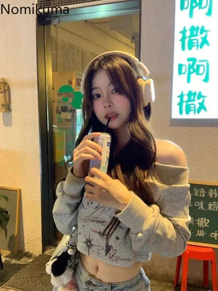 Gray Print T Shirts Women Clothing Long Sleeve Slash Neck Casual Tees Fashion Summer Camisetas Crop Tops Streetwear Sexy Tshirt SS69