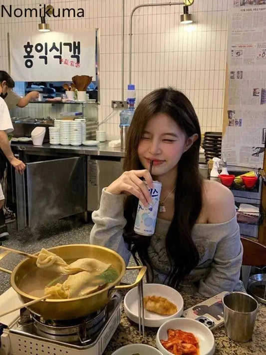 Gray Print T Shirts Women Clothing Long Sleeve Slash Neck Casual Tees Fashion Summer Camisetas Crop Tops Streetwear Sexy Tshirt SS69