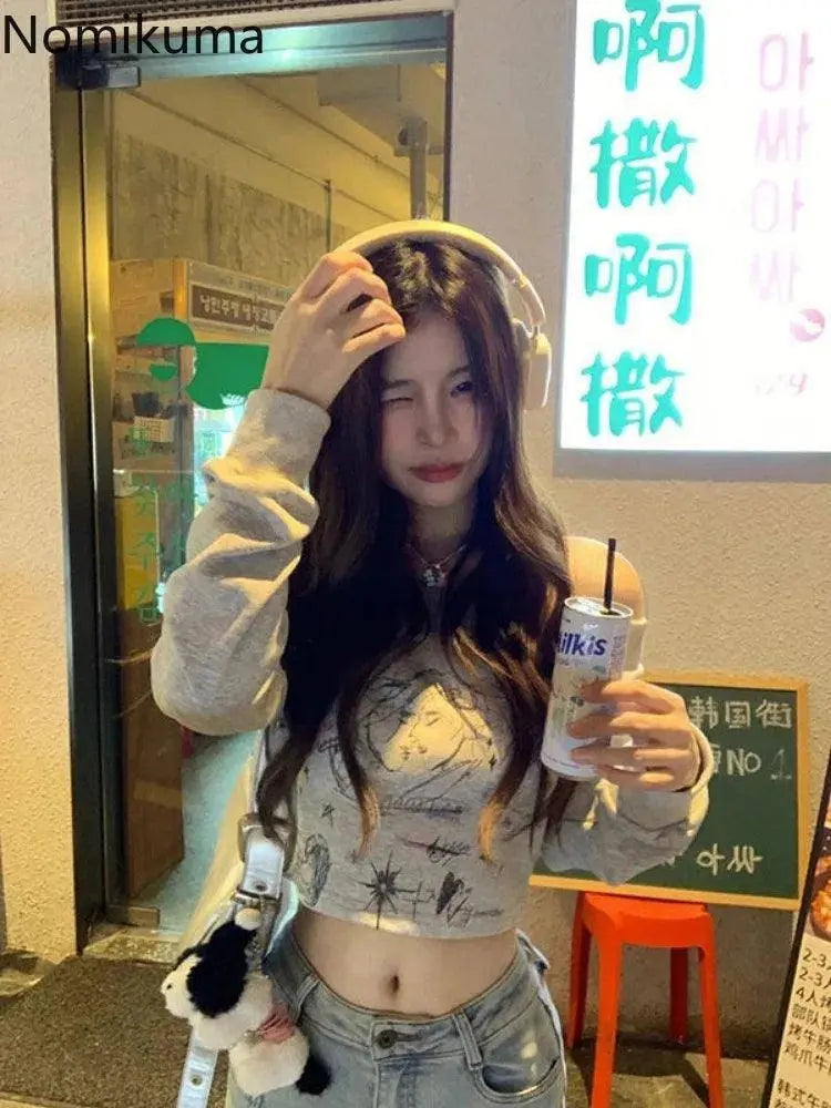Gray Print T Shirts Women Clothing Long Sleeve Slash Neck Casual Tees Fashion Summer Camisetas Crop Tops Streetwear Sexy Tshirt SS69