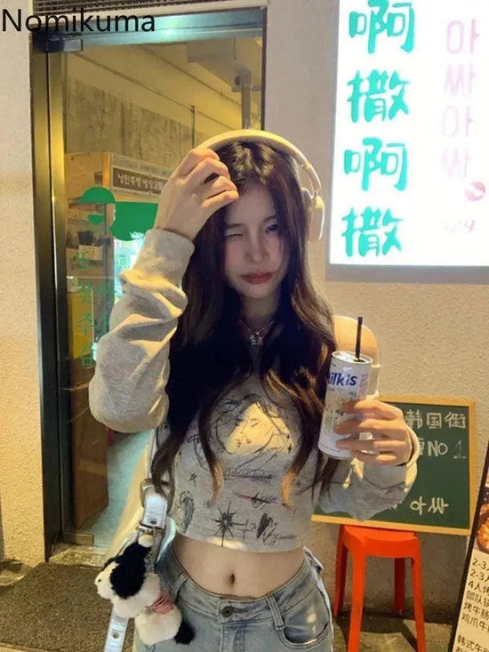 Gray Print T Shirts Women Clothing Long Sleeve Slash Neck Casual Tees Fashion Summer Camisetas Crop Tops Streetwear Sexy Tshirt SS69