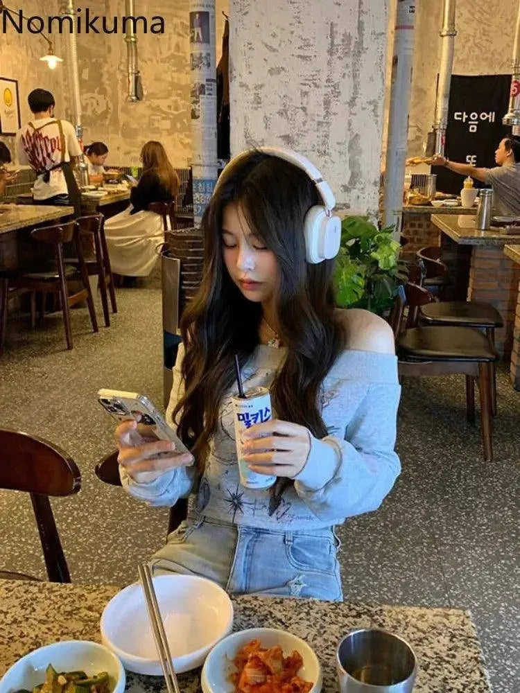 Gray Print T Shirts Women Clothing Long Sleeve Slash Neck Casual Tees Fashion Summer Camisetas Crop Tops Streetwear Sexy Tshirt SS69