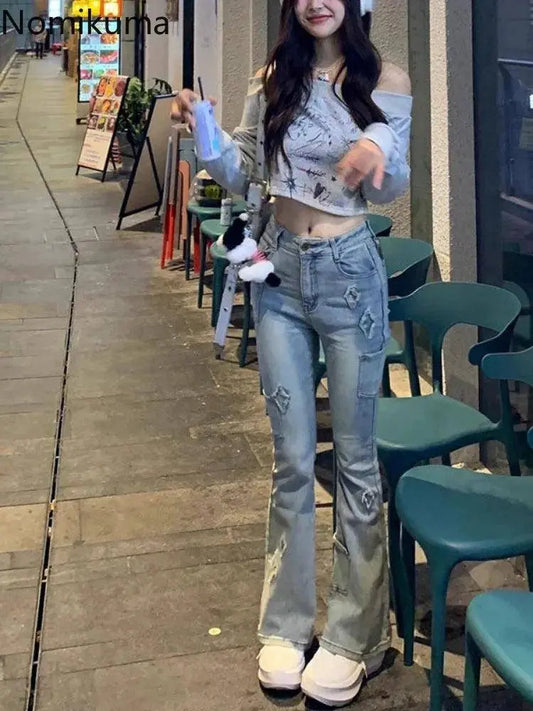 Gray Print T Shirts Women Clothing Long Sleeve Slash Neck Casual Tees Fashion Summer Camisetas Crop Tops Streetwear Sexy Tshirt SS69