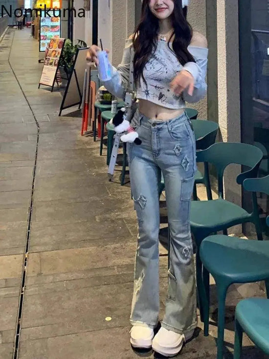 Gray Print T Shirts Women Clothing Long Sleeve Slash Neck Casual Tees Fashion Summer Camisetas Crop Tops Streetwear Sexy Tshirt SS69