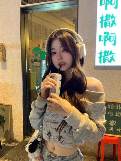 Gray Print T Shirts Women Clothing Long Sleeve Slash Neck Casual Tees Fashion Summer Camisetas Crop Tops Streetwear Sexy Tshirt SS69