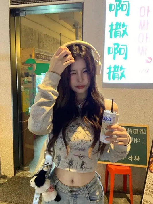 Gray Print T Shirts Women Clothing Long Sleeve Slash Neck Casual Tees Fashion Summer Camisetas Crop Tops Streetwear Sexy Tshirt SS69