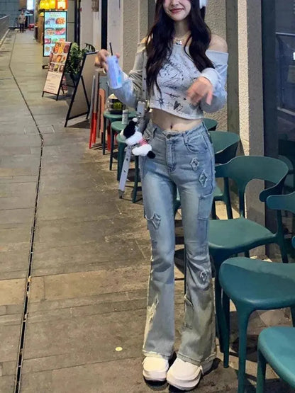 Gray Print T Shirts Women Clothing Long Sleeve Slash Neck Casual Tees Fashion Summer Camisetas Crop Tops Streetwear Sexy Tshirt SS69