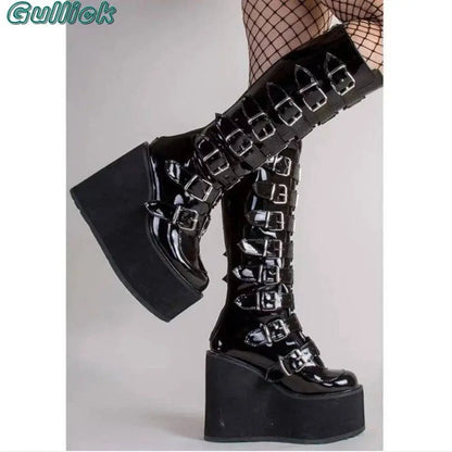Gullick Punk Y2K Boots Platform Round Toe Colorful Knee-High Shoes Thick Heel Cover Heel Mental Buckle Long Boots New Fashion - SS69