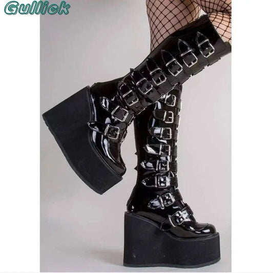 Gullick Punk Y2K Boots Platform Round Toe Colorful Knee-High Shoes Thick Heel Cover Heel Mental Buckle Long Boots New Fashion - SS69