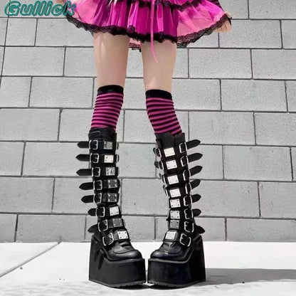 Gullick Punk Y2K Boots Platform Round Toe Colorful Knee-High Shoes Thick Heel Cover Heel Mental Buckle Long Boots New Fashion - SS69
