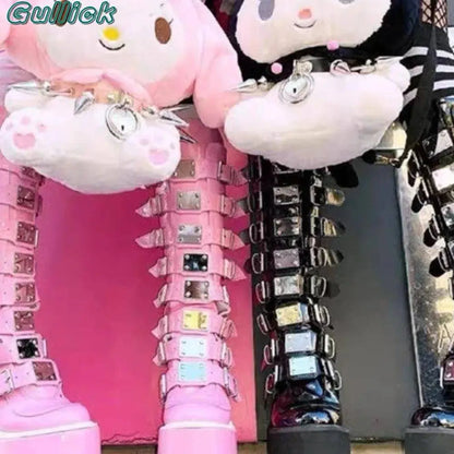 Gullick Punk Y2K Boots Platform Round Toe Colorful Knee-High Shoes Thick Heel Cover Heel Mental Buckle Long Boots New Fashion - SS69