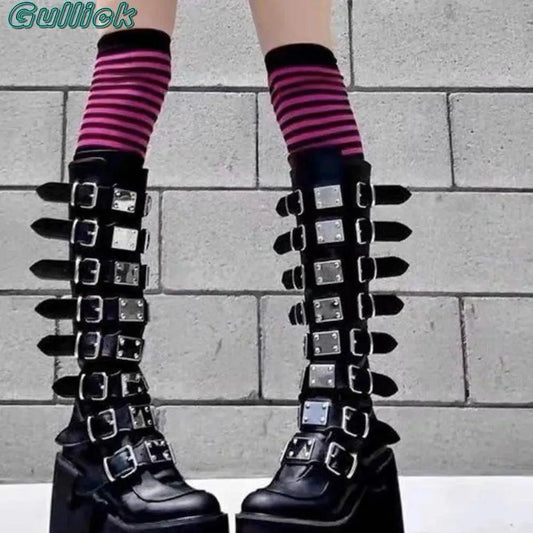 Gullick Punk Y2K Boots Platform Round Toe Colorful Knee-High Shoes Thick Heel Cover Heel Mental Buckle Long Boots New Fashion - SS69