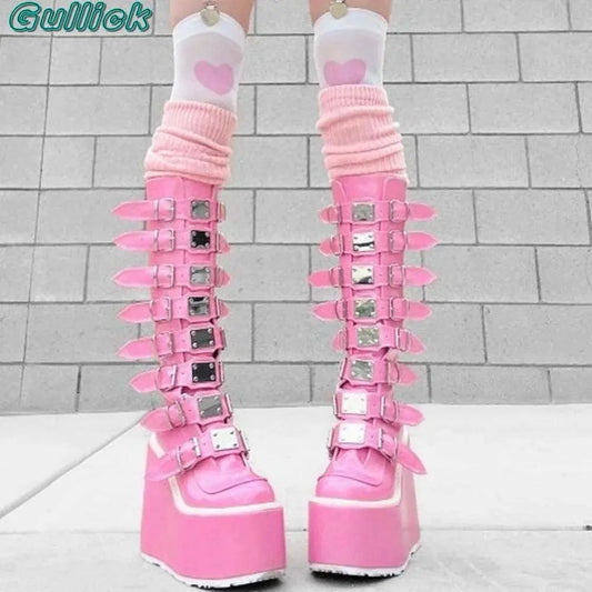 Gullick Punk Y2K Boots Platform Round Toe Colorful Knee-High Shoes Thick Heel Cover Heel Mental Buckle Long Boots New Fashion - SS69