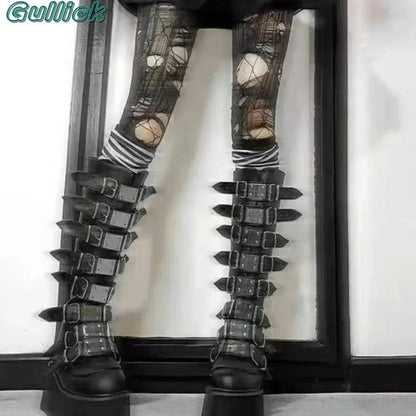 Gullick Punk Y2K Boots Platform Round Toe Colorful Knee-High Shoes Thick Heel Cover Heel Mental Buckle Long Boots New Fashion - SS69
