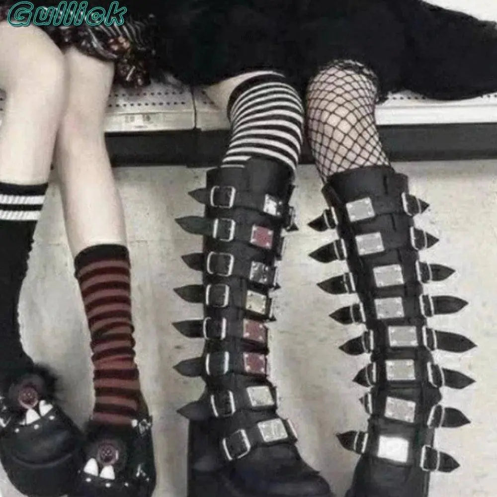 Gullick Punk Y2K Boots Platform Round Toe Colorful Knee-High Shoes Thick Heel Cover Heel Mental Buckle Long Boots New Fashion - SS69