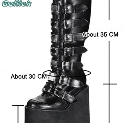 Gullick Punk Y2K Boots Platform Round Toe Colorful Knee-High Shoes Thick Heel Cover Heel Mental Buckle Long Boots New Fashion - SS69
