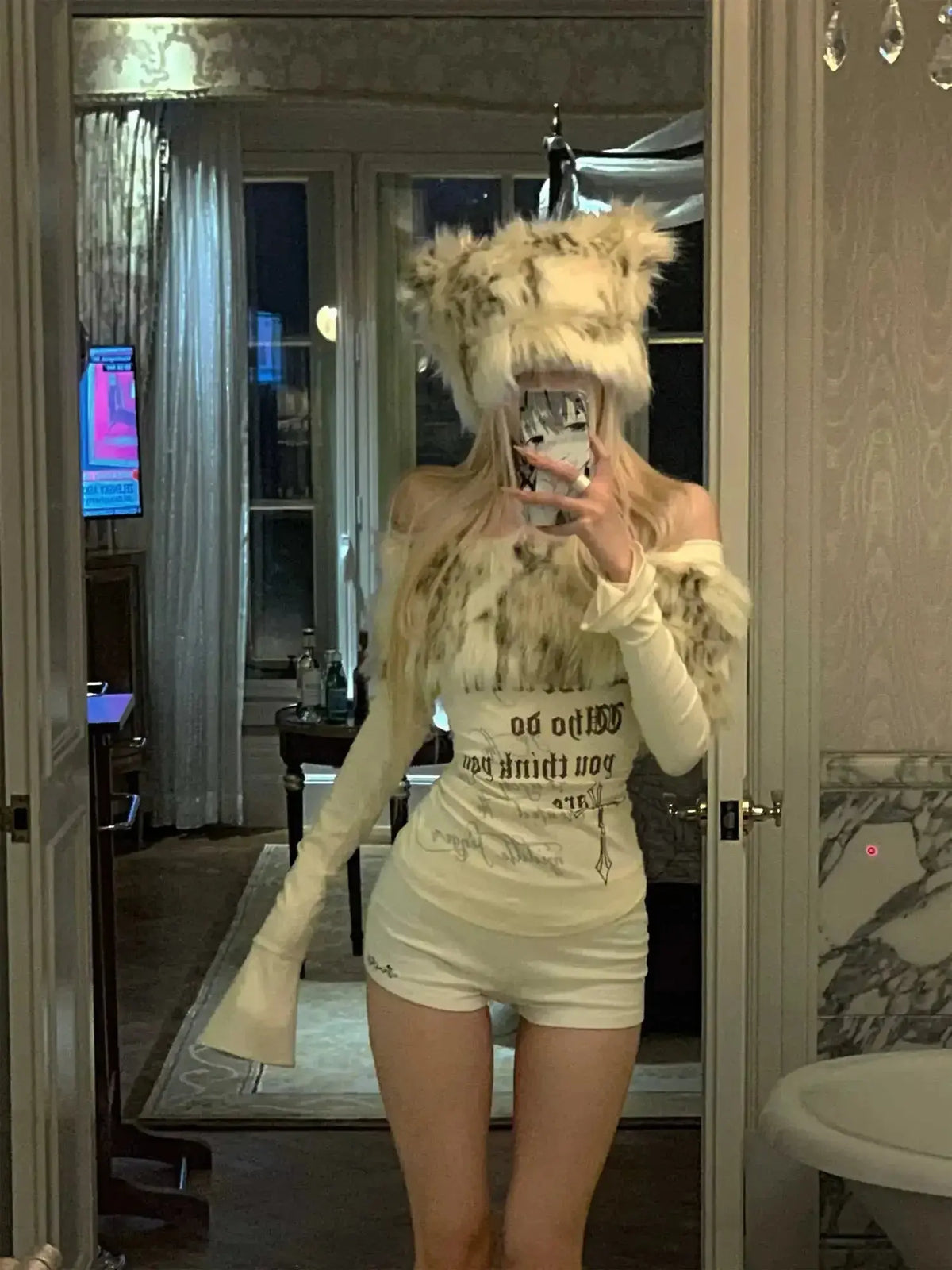 Gyaru Korean Fashion Clothing Autumn and Winter Women's Shoujo Y2k Coquette T-Shirt Slant Neck T-Shirt Long Sleeve Cropped Top SS69