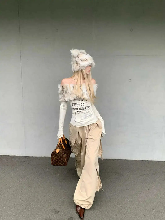 Gyaru Korean Fashion Clothing Autumn and Winter Women's Shoujo Y2k Coquette T-Shirt Slant Neck T-Shirt Long Sleeve Cropped Top SS69