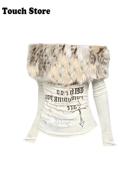 Gyaru Korean Fashion Clothing Autumn and Winter Women's Shoujo Y2k Coquette T-Shirt Slant Neck T-Shirt Long Sleeve Cropped Top SS69