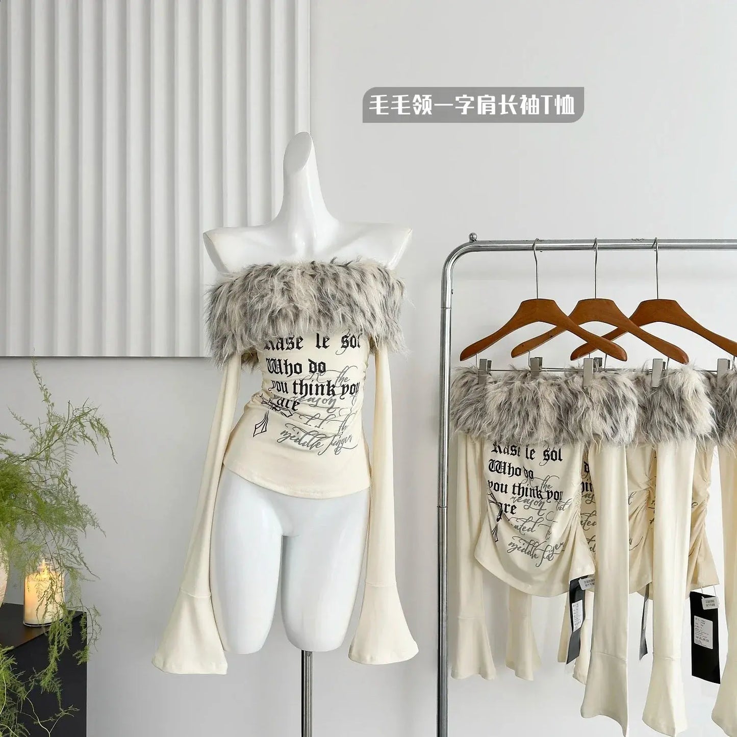 Gyaru Korean Fashion Clothing Autumn and Winter Women's Shoujo Y2k Coquette T-Shirt Slant Neck T-Shirt Long Sleeve Cropped Top SS69