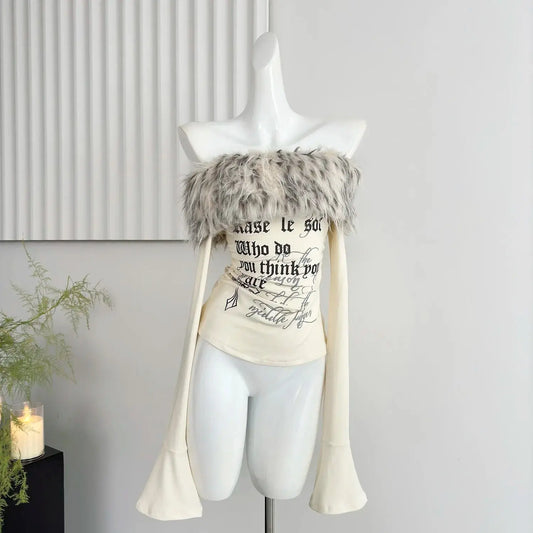 Gyaru Korean Fashion Clothing Autumn and Winter Women's Shoujo Y2k Coquette T-Shirt Slant Neck T-Shirt Long Sleeve Cropped Top SS69