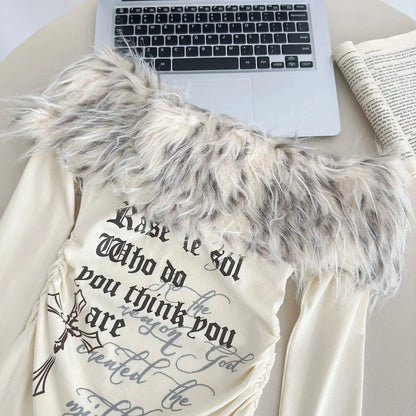 Gyaru Korean Fashion Clothing Autumn and Winter Women's Shoujo Y2k Coquette T-Shirt Slant Neck T-Shirt Long Sleeve Cropped Top SS69