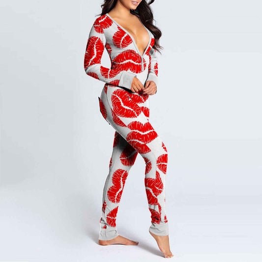Sexy Women Pajamas Onesies Button-down Buttoned Flap Adults Pyjama Autumn Long Sleeve V-neck Jumpsuit Female Bodysuit Sleepwear