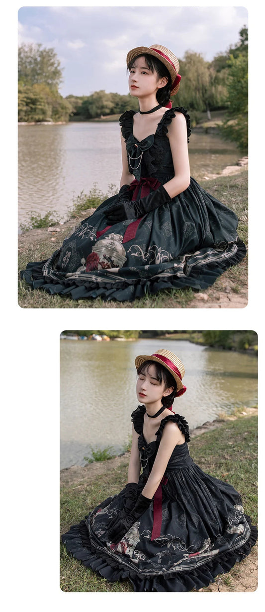 Vintage Lolita Jk Dress Women Black Gothic Bow Ruffles Party Camis Dress Japanese Kawaii Vacation Victorian Sleeveless Vestidos SS69