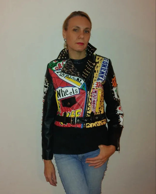 Autumn spring Locomotive graffiti cartoon pu Leather Jacket female Punk Style was thin Motorcyle Jackets Coat with belt F1962 SS69