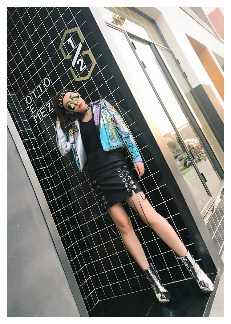 4XL fashion graffiti beading Women pu Leather Jacket Punk Style Motorcyle embrodiery leather Jackets Coats Streetwear F803 SS69