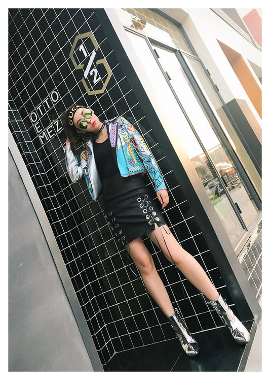 4XL fashion graffiti beading Women pu Leather Jacket Punk Style Motorcyle embrodiery leather Jackets Coats Streetwear F803 SS69