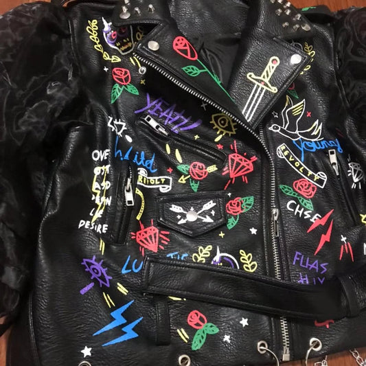 Fashion chain beading leather jacket Locomotive graffiti cartoon pu Leather Jacket female Punk Motorcyle Jacket with belt F2161 SS69