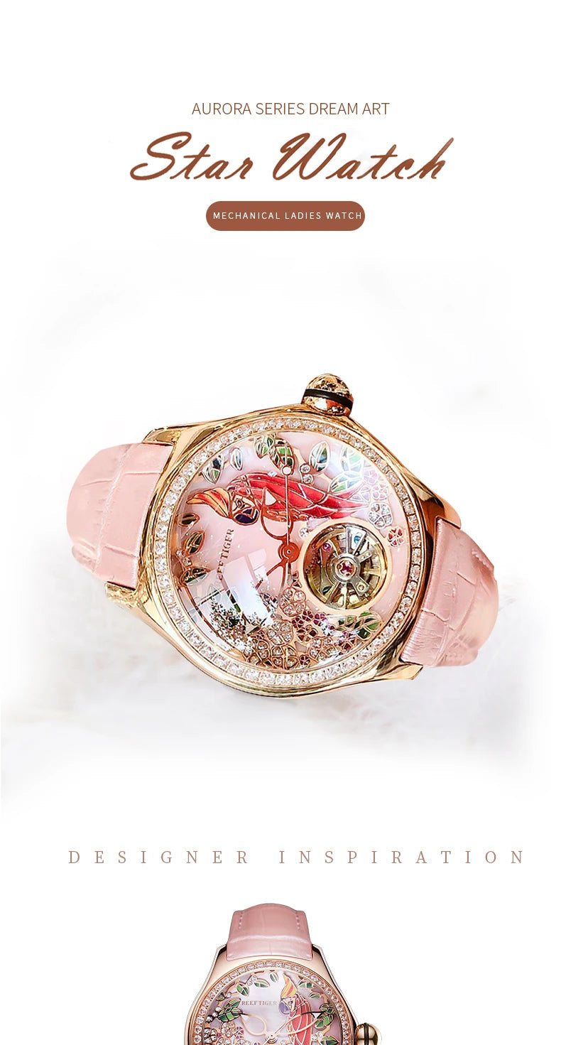 Reef Tiger/RT Womens Luxury Fashion Watches Diamond Automatic Tourbillon Watch Leather Strap Watch Relogio Feminino RGA7105 SS69