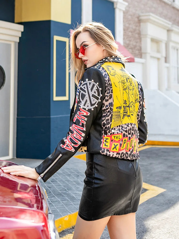 Autumn spring Locomotive graffiti cartoon pu Leather Jacket female Punk Style was thin Motorcyle Jackets Coat with belt F1962 SS69