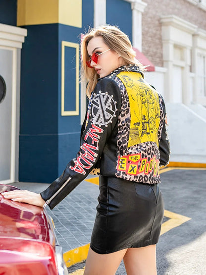 Autumn spring Locomotive graffiti cartoon pu Leather Jacket female Punk Style was thin Motorcyle Jackets Coat with belt F1962 SS69