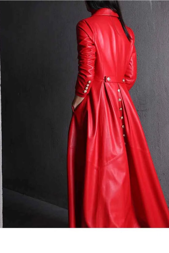 Lautaro Autumn Long Skirted Red Black Faux Leather Trench Coat for Women Double Breasted Elegant Luxury Fashion 4xl 5xl 6xl 7xl