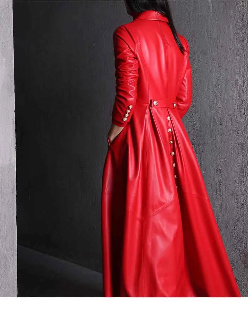 Lautaro Autumn Long Skirted Red Black Faux Leather Trench Coat for Women Double Breasted Elegant Luxury Fashion 4xl 5xl 6xl 7xl