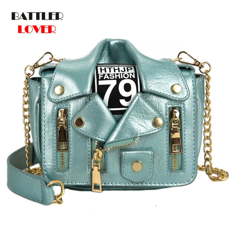 European Brand Design Chain Motorcycle Bags Women Clothing Shoulder Rivet Zipper Jacket Bag Messenger Bag Women Leather Handbags